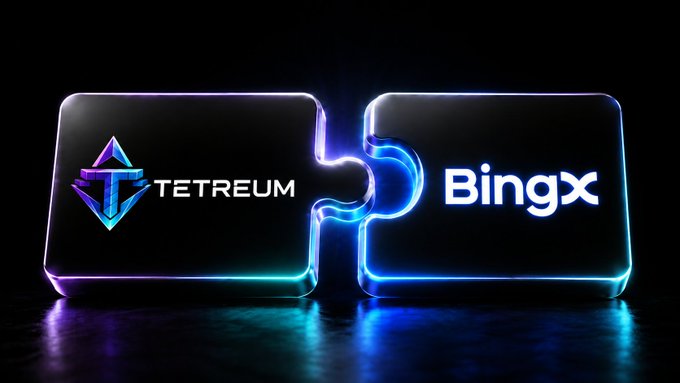 A graphic showing two puzzle pieces fitting together with the logos 'TETREUM' and 'Bingx' illuminated in neon colors against a dark background.