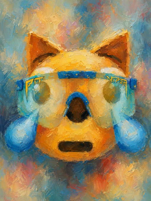 The image features a cartoon cat wearing glasses, goggles, and a mask with blue and yellow colors. The cat appears to be crying or expressing sadness. The background of the painting has a gradient effect that transitions from light to dark shades. There is also text in the image that reads "gmog cousins great day to accumulate mog coin cryptocurrency". This suggests that the artist might have been inspired by a recent event, possibly related to cryptocurrency or digital art trends.