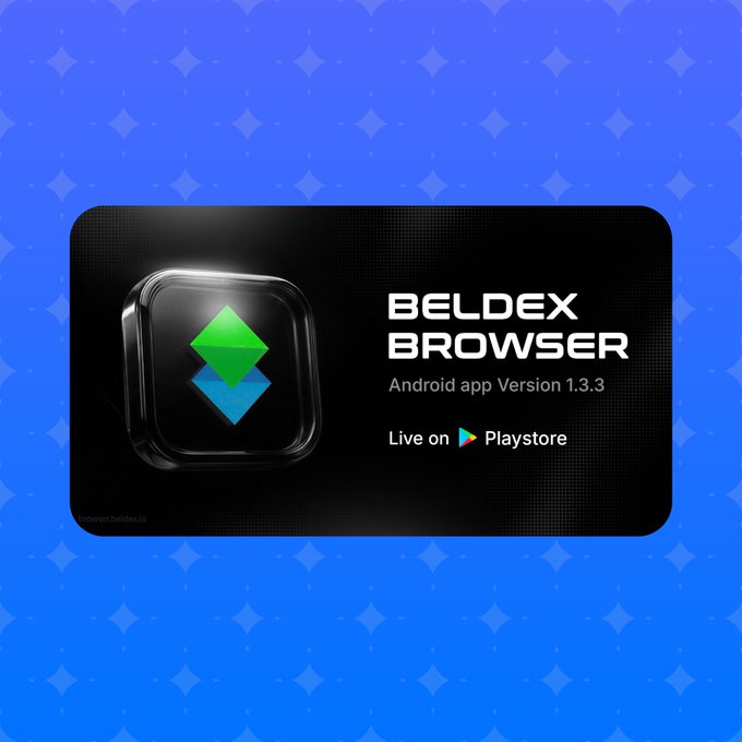 A promotional graphic for 'BELDEX BROWSER' Android app Version 1.3.3, available on the Playstore, displayed on a blue patterned background.