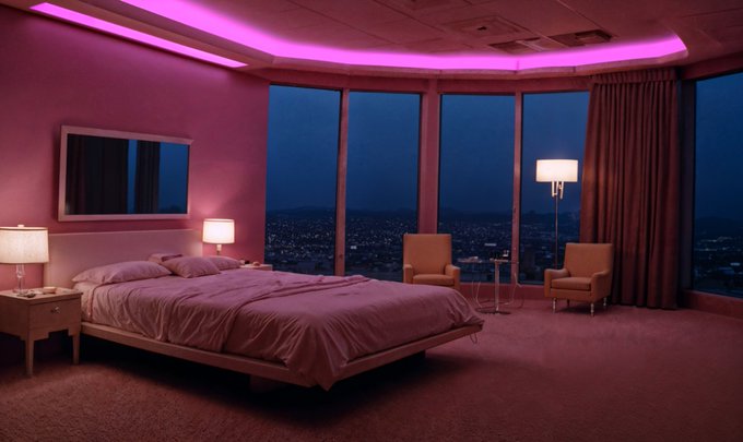 A luxurious hotel room bathed in pink ambient lighting features a king-sized bed, wall-mounted TV, two armchairs, and floor-to-ceiling windows showcasing a nighttime city skyline, perfectly matching the "pink room" aesthetic praised in the post.