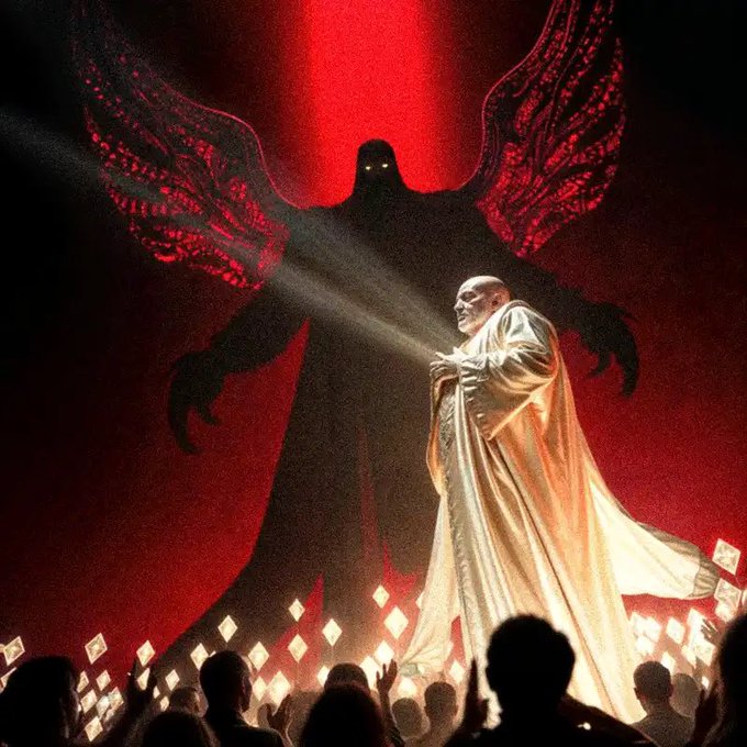 Illustration of a sinister dark figure with red glowing eyes and large red wings standing behind a wise older man in white robes, with a crowd of silhouettes in the foreground.
