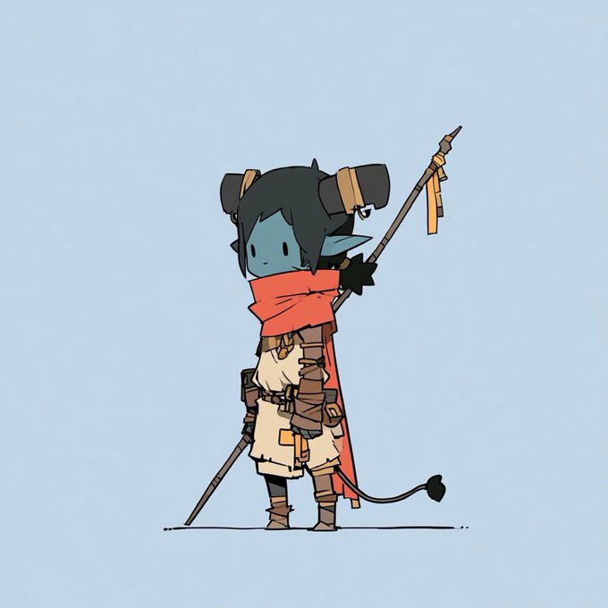 A chibi-style adventurer with a red scarf, staff, and gear stands against a pale blue background. The post’s “Gm CT” suggests a friendly good-morning greeting to the CT community.