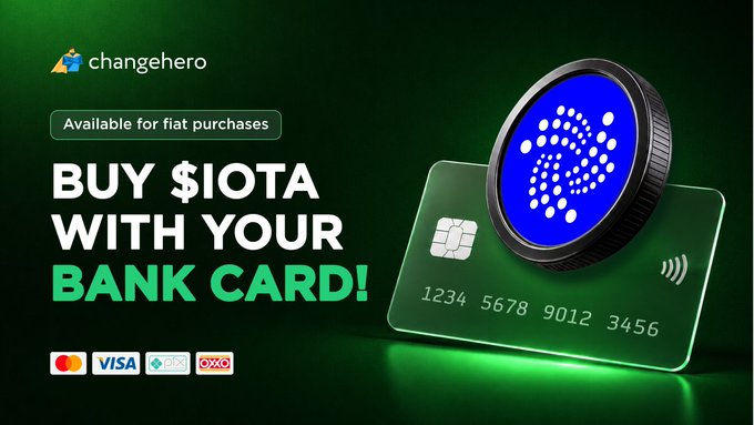 A ChangeHero promotional graphic advertises "BUY $IOTA WITH YOUR BANK CARD!" showing an IOTA coin on a green credit card with Mastercard, Visa, and other payment logos.