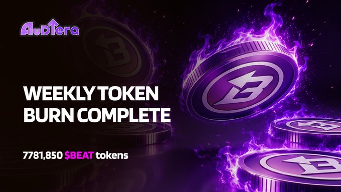 A promotional graphic for Audtera announcing a "WEEKLY TOKEN BURN COMPLETE" with 7,781,850 $BEAT tokens burned, featuring purple-flamed coin tokens bearing the project's logo.