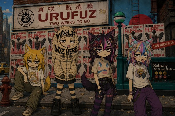 An illustration of four anime-style characters standing in front of a brick wall plastered with 'URUFUZ HOUSE OF FLEECE' posters advertising 'TWO WEEKS TO GO' in New York.