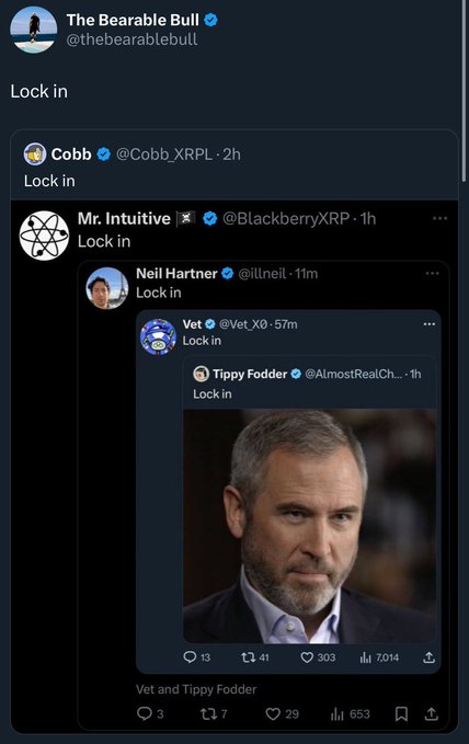 A Twitter/X post by @thebearablebull showing a chain of "Lock in" replies from XRP community accounts (@Cobb_XRPL, @BlackberryXRP, @illNeil, @Vet_X0, @AlmostRealCh_) alongside an image of a man, tied to the post's message about staying focused on $XRP to build wealth.