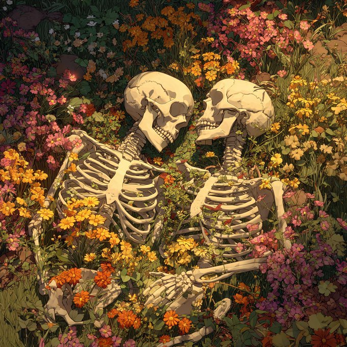 An illustration depicts two skeletons facing each other intimately amid a vibrant field of pink, yellow, and orange wildflowers in a richly colored garden setting.