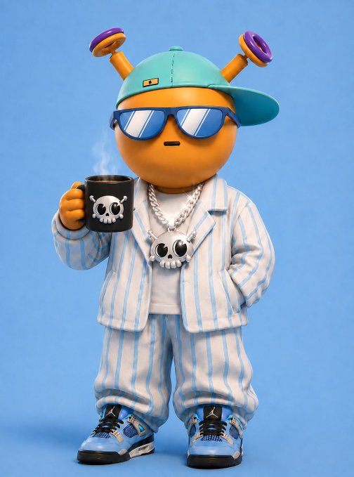 A stylish 3D-rendered character with antennae, wearing a teal cap, reflective sunglasses, a striped outfit, and a skull chain, holds a steaming black mug featuring a skull design against a blue background. The "GM" (Good Morning) greeting aligns with the character's relaxed, morning coffee vibe, while the quirky skull accessories match the playful "Quirk Quirk" theme of the post.