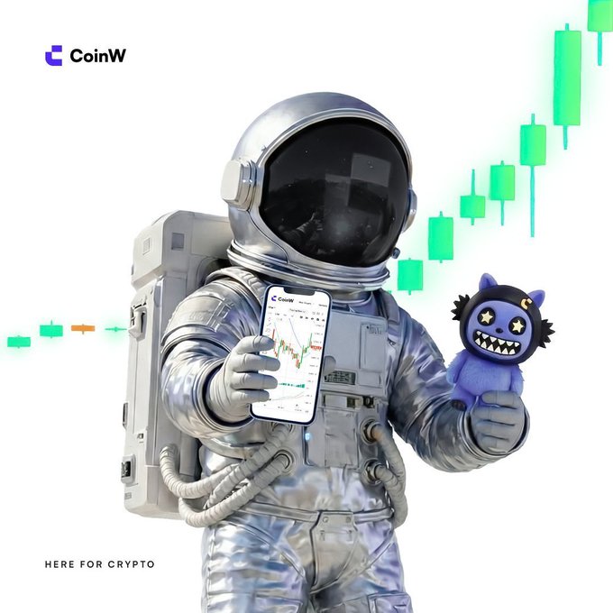 An astronaut in a spacesuit holds up a smartphone displaying the CoinW crypto trading app alongside a grinning plush toy, with a green candlestick chart trending upward in the background. The CoinW logo appears in the top left and "HERE FOR CRYPTO" is written at the bottom, visually reinforcing the post's question about whether investors would react with surprise or regret to a sudden market surge.