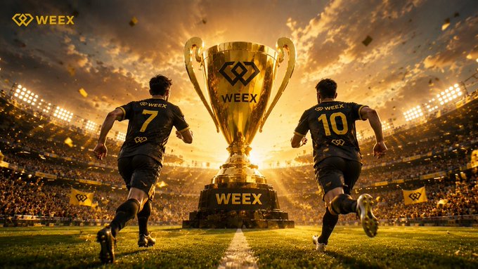 Two soccer players wearing black jerseys with "WEEX" branding and numbers "7" and "10" run toward a massive golden "WEEX" trophy on a stadium pitch at sunset, celebrating a victory. The image visually reinforces the post's message by framing Spain's 2-0 win over France in the "WEEX Cup" as a triumphant championship moment, tying athletic success to the brand's call to "seize every chance" in the market.