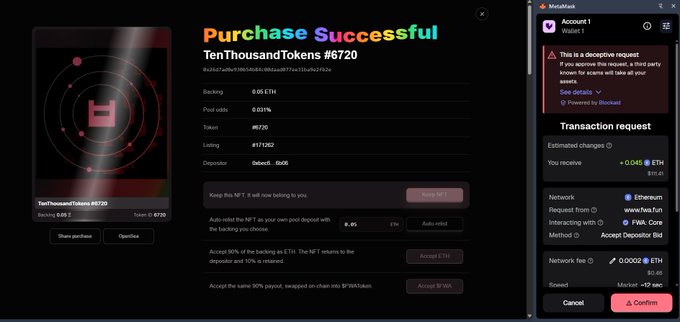 A MetaMask screenshot displays a successful purchase of NFT #6720 ("TenThousandTokens") for 0.05 ETH, alongside a deceptive site warning flagging the third party as known for scams, confirming the user's concern about a scam transaction on the FWA protocol.