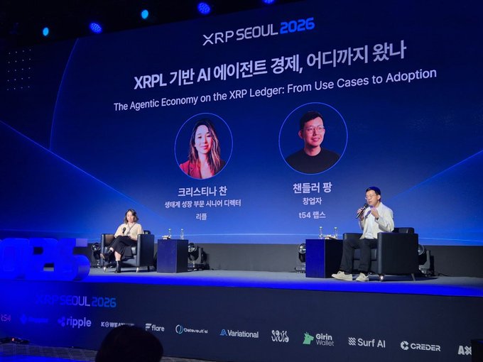 At XRP Seoul 2026, two speakers—a female panelist (Kristina, Ripple) and male panelist (Chandr Ram, t54 Labs)—discuss "The Agentic Economy on the XRPL: From Use Cases to Adoption," illustrating the event's focus on AI agents making autonomous payments on the XRP Ledger, as highlighted in the accompanying post.