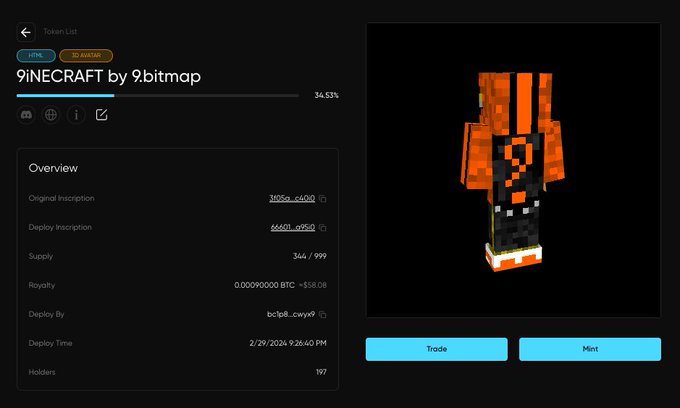 A webpage for a Bitcoin Ordinals token called '9INECRAFT by 9.bitmap' showing a Minecraft-style 3D character with stats including a 34.53% progress, supply of 344/999, and a royalty of +$38.08.