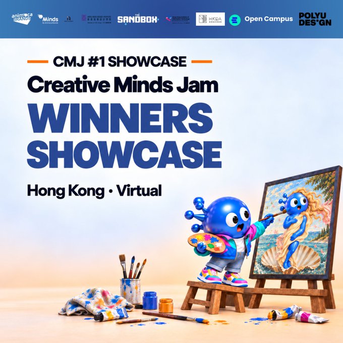 A promotional graphic for "CMJ #1 SHOWCASE Creative Minds Jam WINNERS SHOWCASE Hong Kong • Virtual" featuring a blue cartoon character painting a picture of itself.