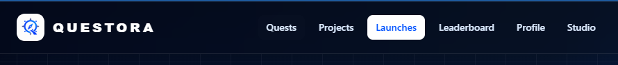 The image features a website called "questora", which appears to be an online platform for sharing information or knowledge among users. The website has a clean, simple design with a gray background that contrasts nicely against the white text. There are several buttons on the page, including one labeled "launches" and another titled "profile". These buttons provide options for users to explore different aspects of the site or interact with its content.