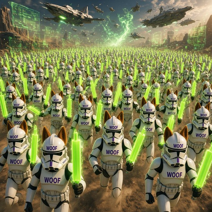 An AI-generated image depicting a massive army of clone troopers with dog-like ears, labeled 'WOOF' on their helmets and armor, wielding green lightsabers in a Star Wars battle scene.