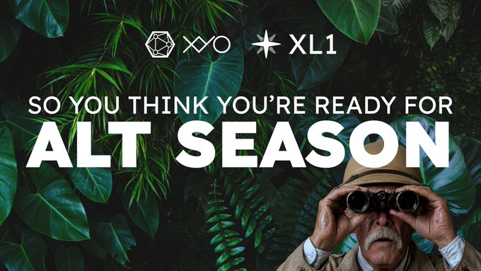 Promotional poster with text "SO YOU THINK YOU'RE READY FOR ALT SEASON" featuring symbols △, ∞, ✱ and XL1, showing an older man with binoculars against a jungle backdrop.
