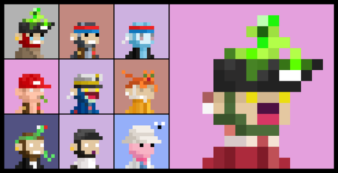 A grid of 9 small pixel-art characters alongside a larger pixel-art figure wearing a green witch hat, representing a collection of 10 NFT characters from the @BasedMinis project. The image visually celebrates completing the set of 10, matching the post's reference to owning all 10.
