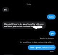 A dark-themed chat conversation screenshot showing text bubbles, with one message reading 'We would love to do a partnership with you and have your custom content' and another bubble stating 'Your request is available.'