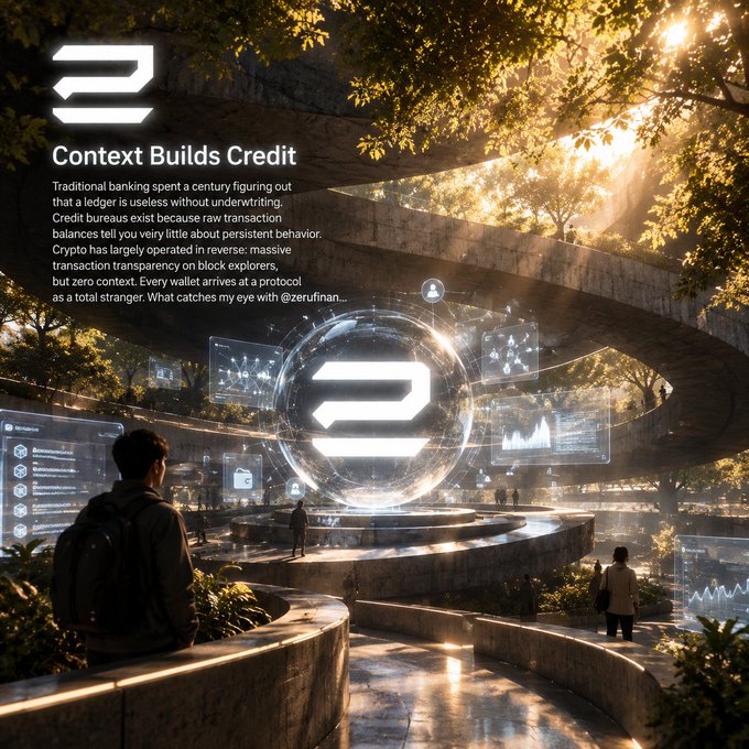 A futuristic scene depicts a glowing holographic portal displaying a digital logo, surrounded by floating data panels with charts and graphs, as a figure with a backpack watches from stone steps beneath sun-dappled trees. The overlaid text titled "Context Builds Credit" mirrors the post's theme, highlighting how traditional banking relies on underwriting for credit while crypto often lacks the contextual behavior analysis that the on-chain transparency fails to provide.