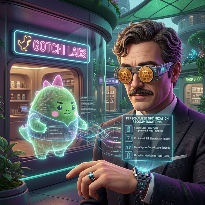 An illustrated scene of a person wearing Bitcoin-themed sunglasses at "GOTCHI LABS," receiving personalized optimization recommendations from a holographic dinosaur mascot.