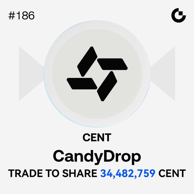 The image displays "CandyDrop" promotional graphic for token #186 featuring the CENT token logo and the text "TRADE TO SHARE 34,482,759 CENT," promoting a 3-step airdrop campaign where users can earn candies through spot trading, reaching trading thresholds for a 5,000 CENT reward, and inviting friends.