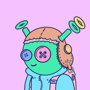 A colorful cartoon drawing of a green-headed creature with a stitched orange patch, large button eyes, and antennae topped with green and yellow rings, set against a light pink background.
