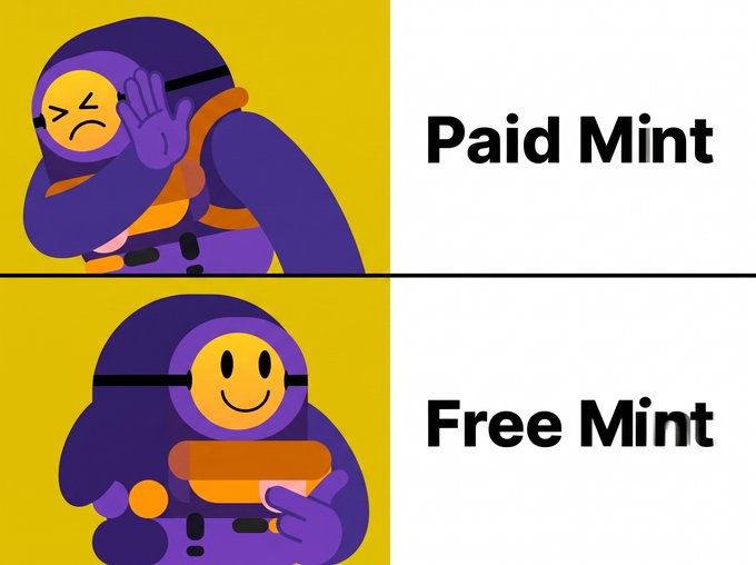 The image is a two-panel meme contrasting "Paid Mint" (top), showing a frustrated purple character grimacing and covering their face, with "Free Mint" (bottom), depicting the same character smiling cheerfully while holding a token. This visual ties directly to the post's message about Beppo offering freedom from costly extraction, suggesting Beppo's free mint is a reprieve from the typical paid minting struggles.