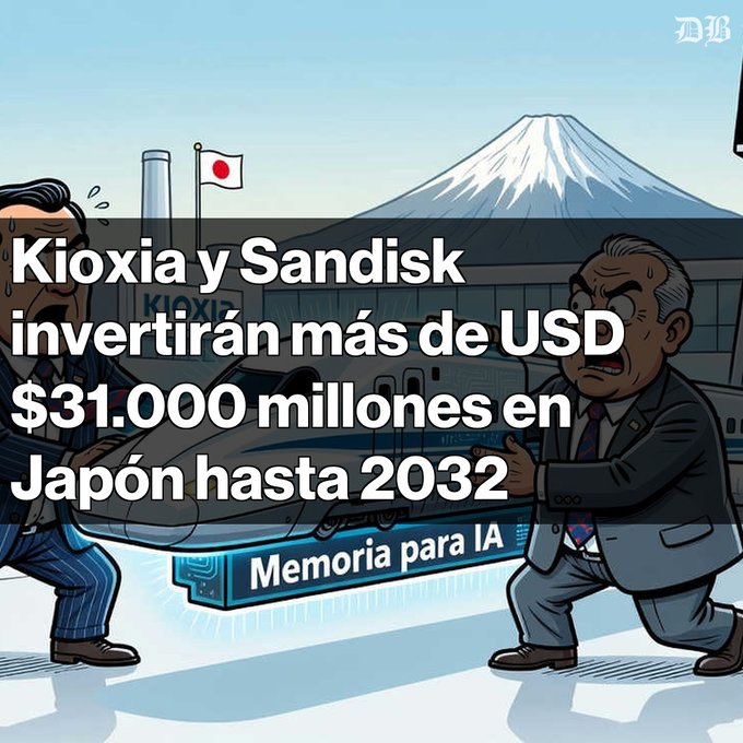 An illustrated news graphic with the headline 'Kioxia y Sandisk invertirán más de USD $31.000 millones en Japón hasta 2032' featuring two businessmen, Mount Fuji, a Japanese flag, and a memory chip labeled 'Memoria para IA'.