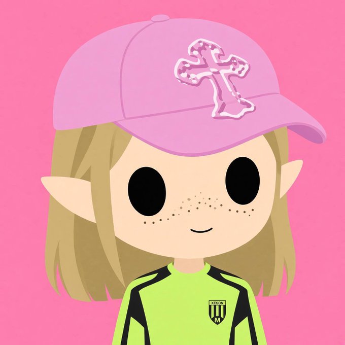 A cartoon avatar of a girl with elf ears wearing a pink cap with a cross design and a green shirt.