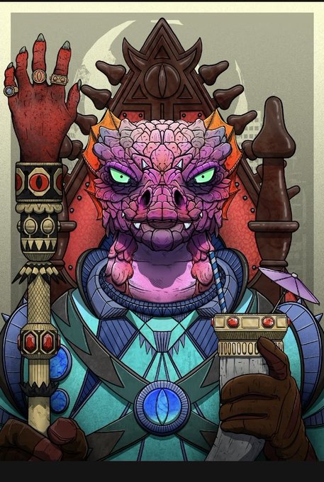 A fantasy illustration of a pink reptilian humanoid on a throne wearing armor and holding a sword.