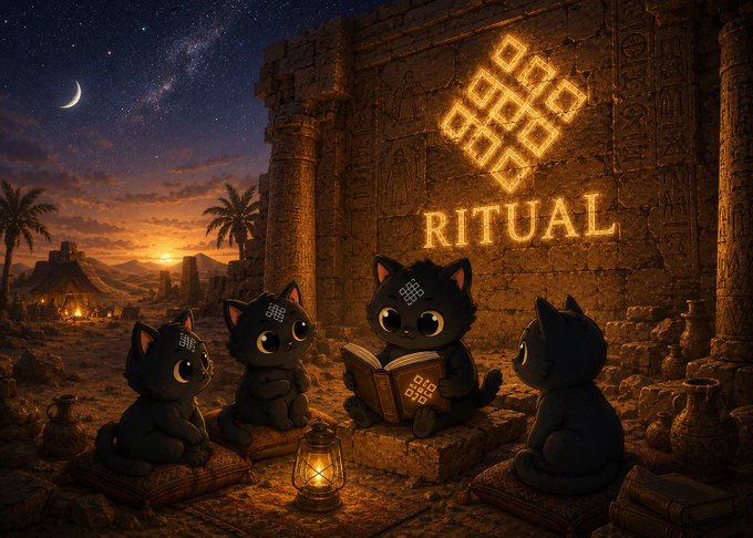 A fantasy scene depicts four black cats wearing ritual markings, gathered around a book in a desert ruin at night, with the word 'RITUAL' and a glowing diamond-shaped logo inscribed on a stone wall.