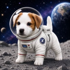 An AI-generated image of a cute Jack Russell Terrier puppy wearing a white astronaut suit with a bubble helmet, standing on the moon's surface with Earth and stars in the background.
