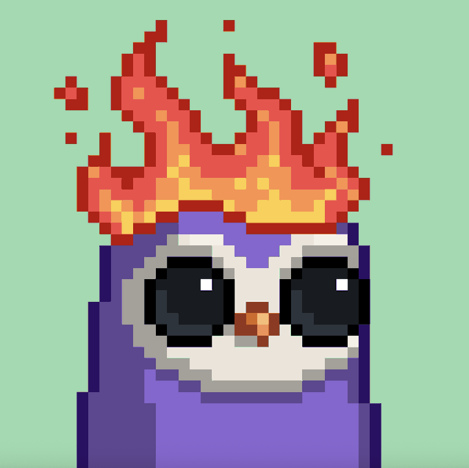 A pixel art character with a purple hoodie, large black sunglasses, and flames erupting from the top of their head against a green background.