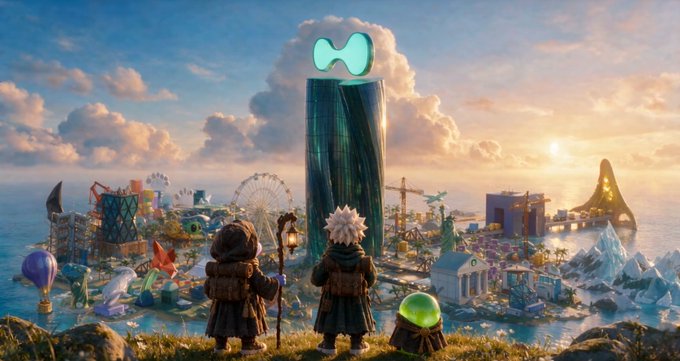 An illustration of two adventurers looking out over a fantastical landscape featuring a giant green structure, a Ferris wheel, and various whimsical buildings.