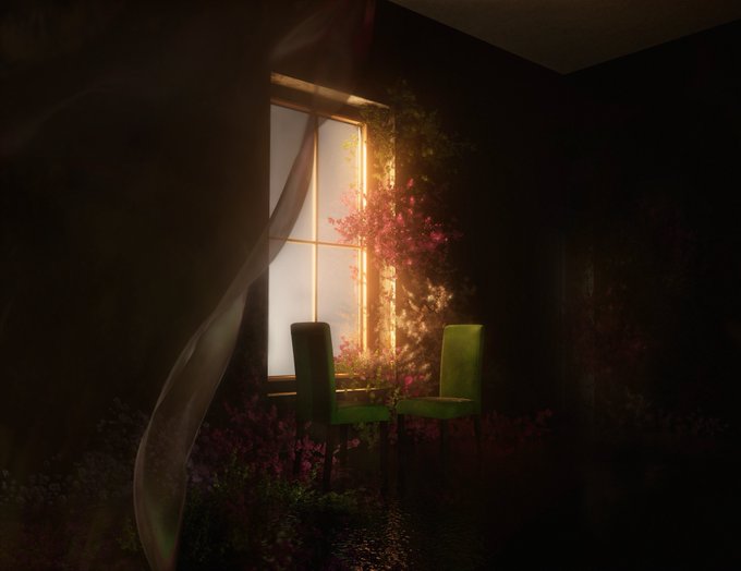 The image depicts two empty chairs facing each other by a window bathed in warm golden light, surrounded by dark, shadowy floral arrangements with pink blossoms and a flowing sheer curtain. The scene visually echoes the poem's theme of longing and connection—two seats suggest the meeting of two souls, while the soft, dreamy atmosphere and overgrown flowers evoke the tender, almost spiritual intimacy described in the verses about destiny and belonging.