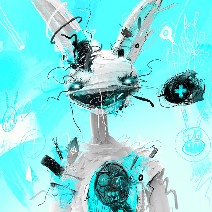 A glitchy, horror-inspired illustration of a cracked, rabbit-like robot with glowing cyan eyes and exposed wiring dominates a teal background filled with sketchy doodles of similar creatures and a chest cavity revealing a grinning skull-faced core. The artwork aligns with the post's request to share Tezos art, showcasing the chaotic, dark aesthetic typical of @CustomHorror's "GJOE BLUE" piece on the blockchain.