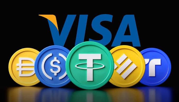 A "VISA" logo displayed above a row of cryptocurrency coin icons—including Dai ($), Tether, BNB, and another token—representing the payment network's expansion into stablecoin services for over 200 million merchants.