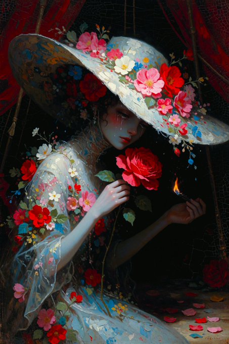 A digital painting of a pale woman wearing an oversized hat adorned with pink and white flowers, holding a red rose and a small flame, with tears on her face and floral elements throughout her flowing white dress.