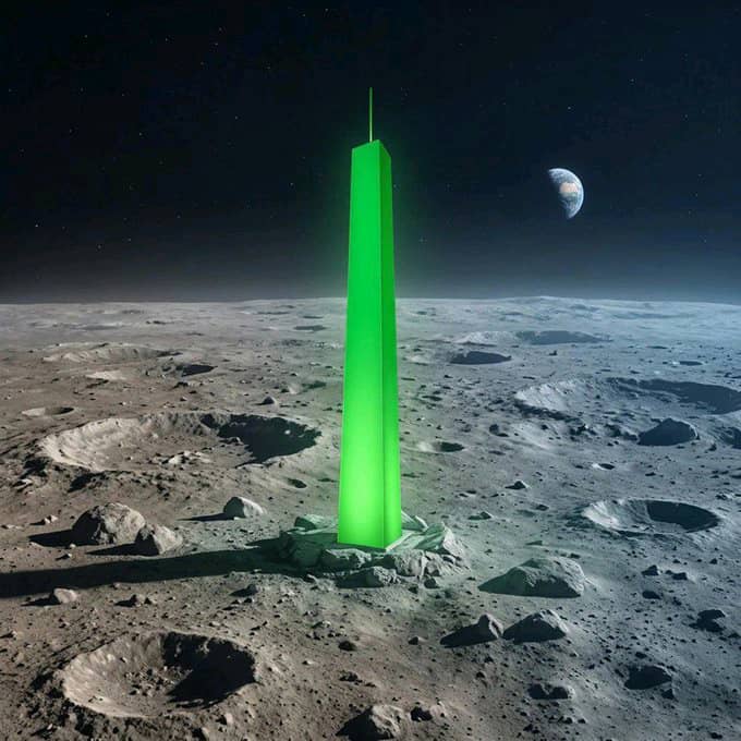 A tall, glowing green obelisk stands on a rocky lunar-like surface with Earth visible in the dark sky above.