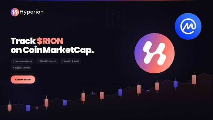 A promotional graphic for Hyperion's token 'SRION' featuring a candlestick chart, the Hyperion and CoinMarketCap logos, and tags including 'Live price & volume', 'CEX & DEX markets', 'Liquidity & depth', and 'Supply & unlocks'.