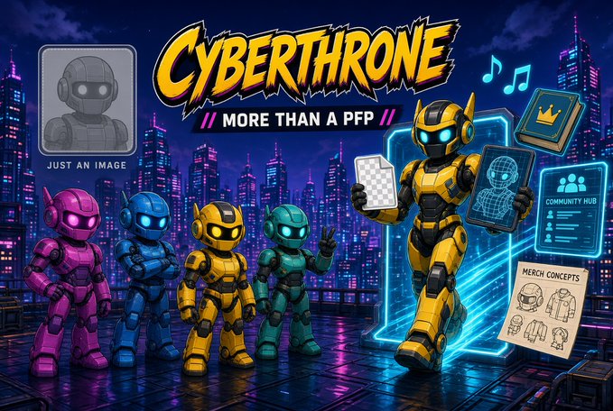 A promotional graphic for 'Cyberthrone // More than a PFP' featuring four colorful cartoon robot characters and a larger yellow robot holding digital cards, with sections labeled 'Just an Image', 'Community Hub', and 'Merch Concepts' against a neon city background.