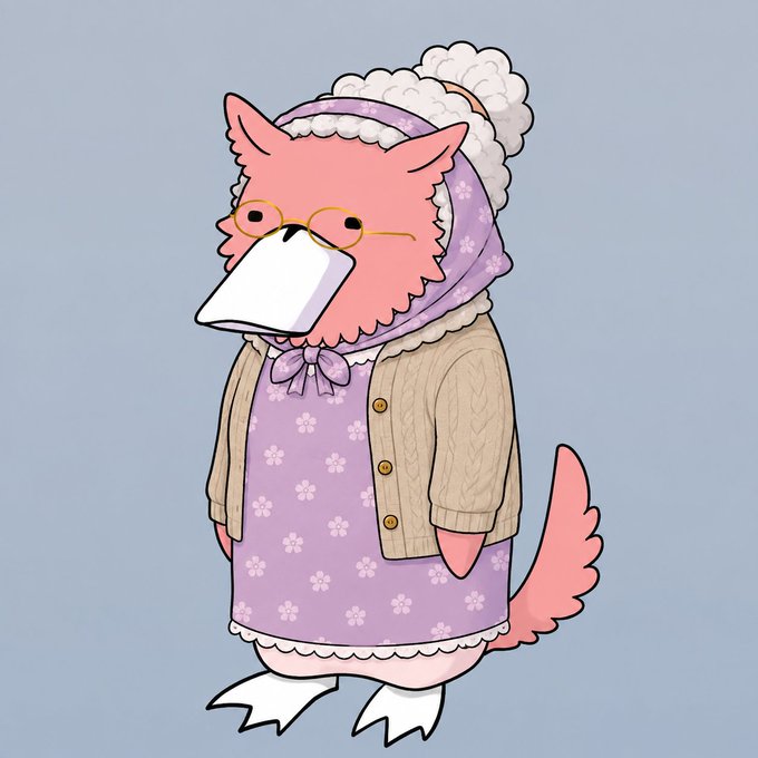A cartoon illustration of a pink wolf or fox character wearing wire-rimmed glasses, a purple floral dress with a beige cardigan, and a bonnet with white trim, standing against a light blue background.