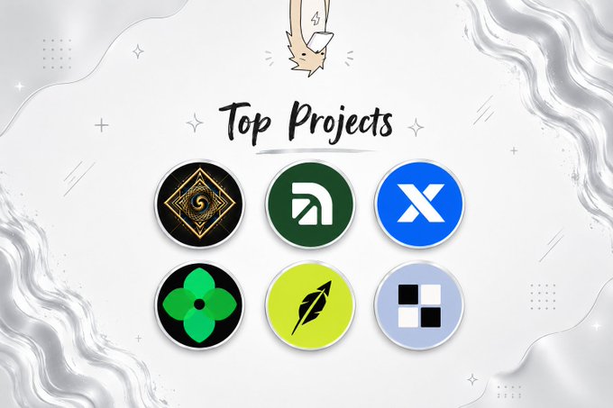 A promotional graphic titled "Top Projects" showcases six circular icons representing various blockchain/crypto projects (including Noxa, Arcus, Exypnos, TheIndex, Hoodmarket, and Robinfun) arranged in two rows, illustrating the featured platforms mentioned in the post as top picks for exploring the Robinhood Chain ecosystem.