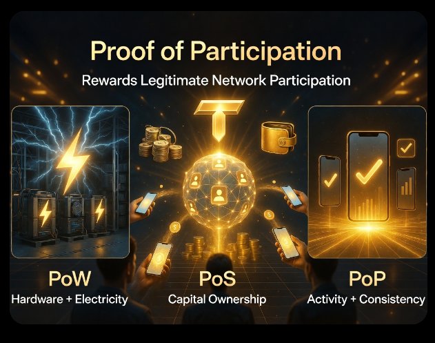 An infographic titled 'Proof of Participation' compares three consensus mechanisms: PoW (Hardware + Electricity), PoS (Capital Ownership), and PoP (Activity + Consistency), each with its own visual panel.