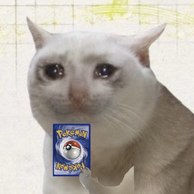 A crying white cat meme holding a Pokémon trading card, a popular reaction image format used online.