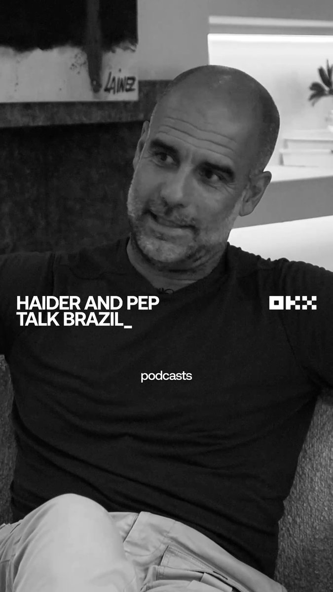 A black and white image of Pep Guardiola, with text reading "HAIDER AND PEP TALK BRAZIL_" and "podcasts," promoting a discussion about Brazil's prospects amid high expectations.