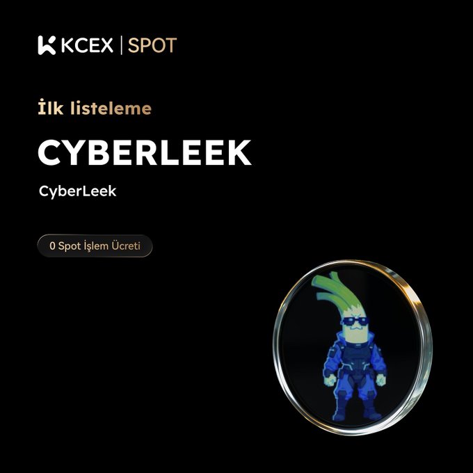 A KCEX Spot listing page showing "İlk listeleme" (First listing) of "CYBERLEEK / CyberLeek" with a circular icon of a green and blue futuristic character.