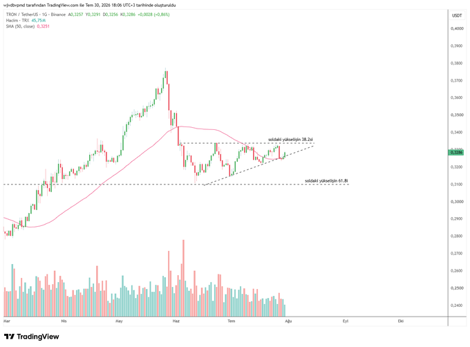 A TradingView candlestick chart displays TRON price (TRX/USDT) with a SMA 50 indicator, showing resistance lines labeled 'soğdaki yüksekliğin 38.2si' and 'soğdaki yüksekliğin 61.8i'.