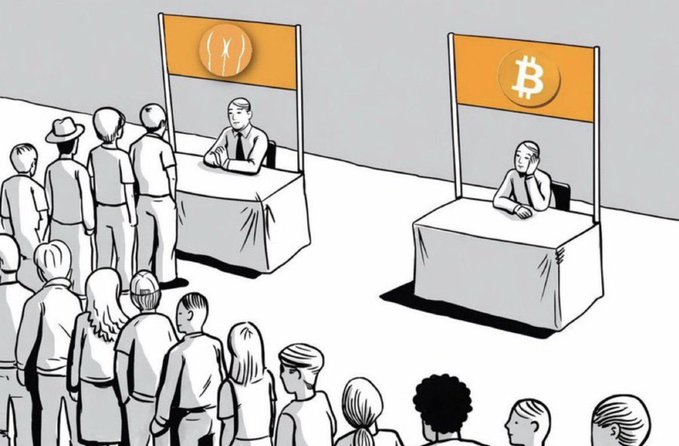 A cartoon illustration showing a long line of people queuing at a booth with an 'X' (formerly Twitter) logo, while an adjacent Bitcoin booth sits completely empty.